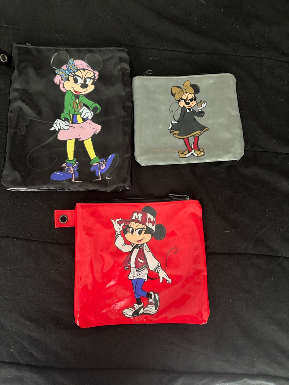 Kids Minnie Mouse Zip Pouch Trio - Black, Gray & Red